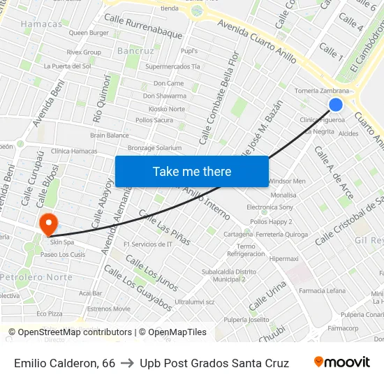 Emilio Calderon, 66 to Upb Post Grados Santa Cruz map
