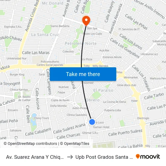 Av. Suarez Arana Y Chiquitos to Upb Post Grados Santa Cruz map