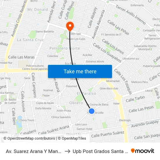 Av. Suarez Arana Y Mandioré to Upb Post Grados Santa Cruz map