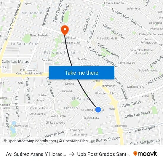 Av. Suárez Arana Y Horacio Ríos to Upb Post Grados Santa Cruz map