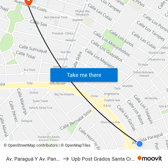 Av. Paraguá Y Av. Pando to Upb Post Grados Santa Cruz map