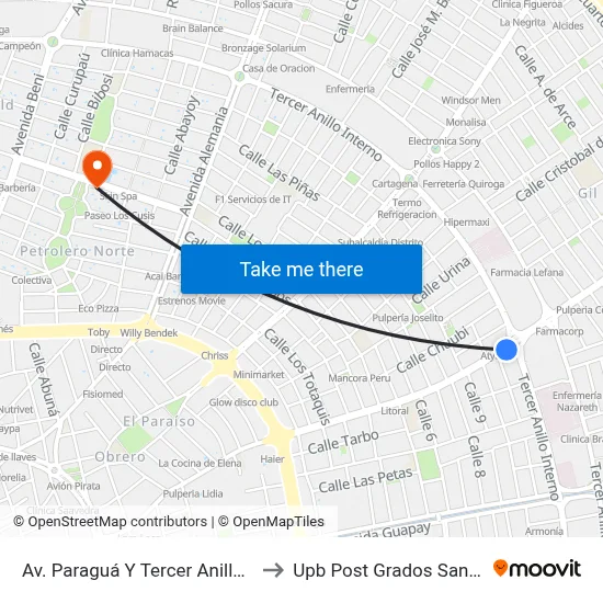 Av. Paraguá Y Tercer Anillo Interno to Upb Post Grados Santa Cruz map
