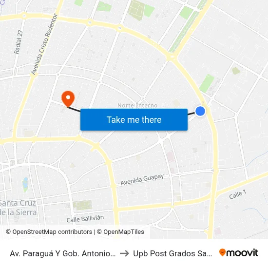 Av. Paraguá Y Gob. Antonio De Rojas to Upb Post Grados Santa Cruz map