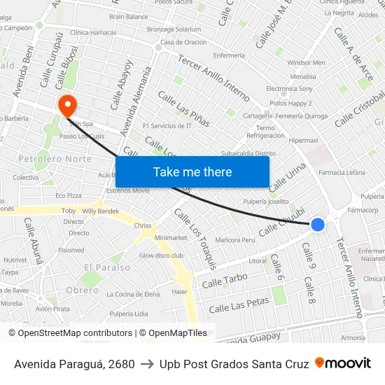 Avenida Paraguá, 2680 to Upb Post Grados Santa Cruz map