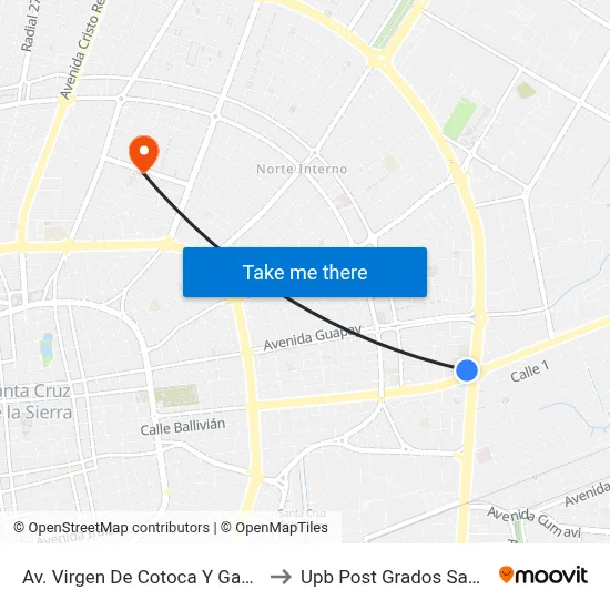 Av. Virgen De Cotoca Y Gabriel Ortíz to Upb Post Grados Santa Cruz map