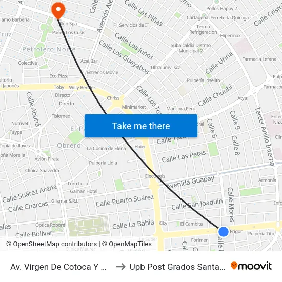 Av. Virgen De Cotoca Y Palión to Upb Post Grados Santa Cruz map