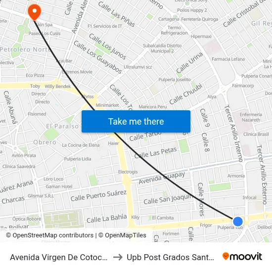 Avenida Virgen De Cotoca, 834 to Upb Post Grados Santa Cruz map