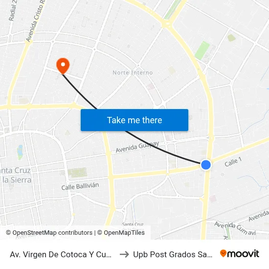 Av. Virgen De Cotoca Y Cuarto Anillo to Upb Post Grados Santa Cruz map