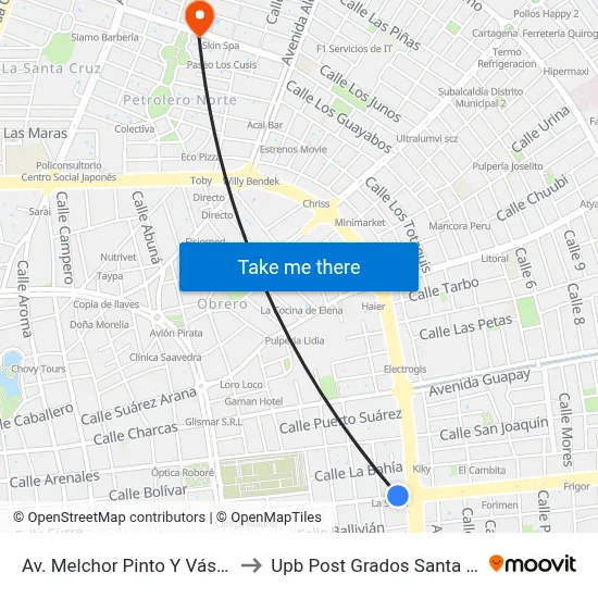 Av. Melchor Pinto Y Vásquez to Upb Post Grados Santa Cruz map