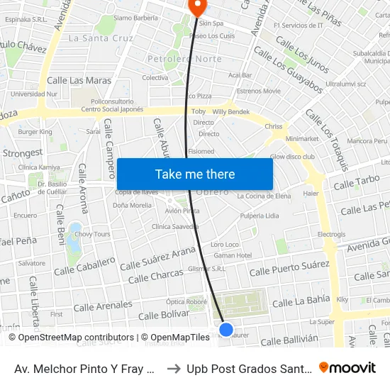 Av. Melchor Pinto Y Fray Del Pilar to Upb Post Grados Santa Cruz map