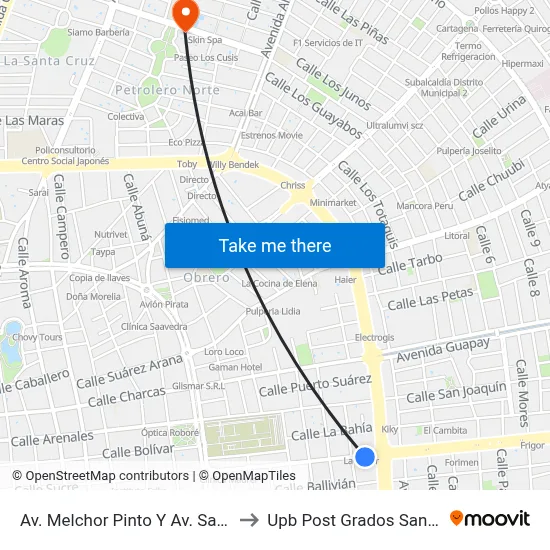 Av. Melchor Pinto Y Av. Santa Cruz to Upb Post Grados Santa Cruz map