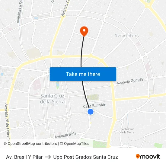 Av. Brasil Y Pilar to Upb Post Grados Santa Cruz map