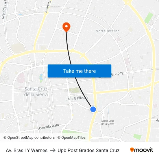 Av. Brasil Y Warnes to Upb Post Grados Santa Cruz map