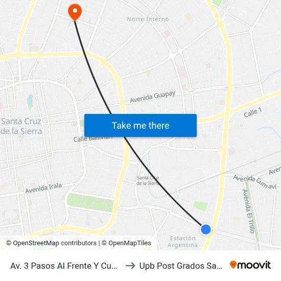 Av. 3 Pasos Al Frente Y Cuarto Anillo to Upb Post Grados Santa Cruz map