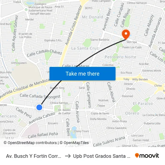 Av. Busch Y Fortín Corrales to Upb Post Grados Santa Cruz map