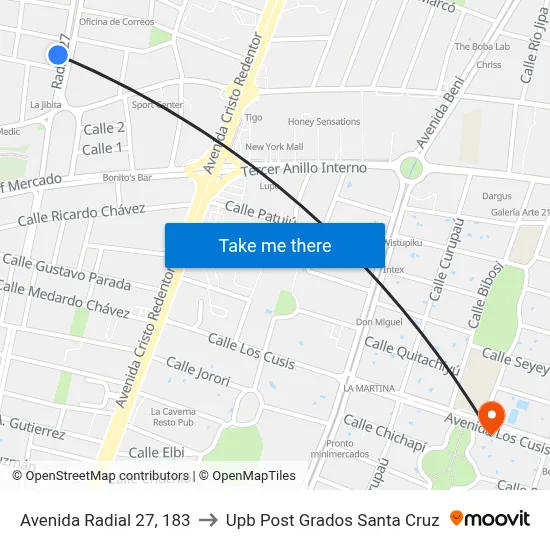 Avenida Radial 27, 183 to Upb Post Grados Santa Cruz map