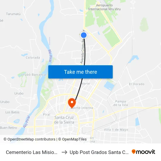 Cementerio Las Misiones to Upb Post Grados Santa Cruz map