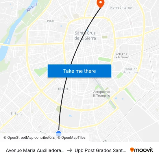 Avenue Maria Auxiliadora, 5095 to Upb Post Grados Santa Cruz map