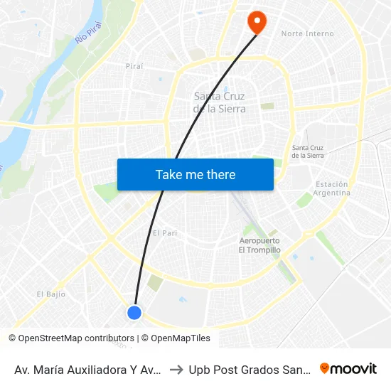 Av. María Auxiliadora Y Av. Moscú to Upb Post Grados Santa Cruz map