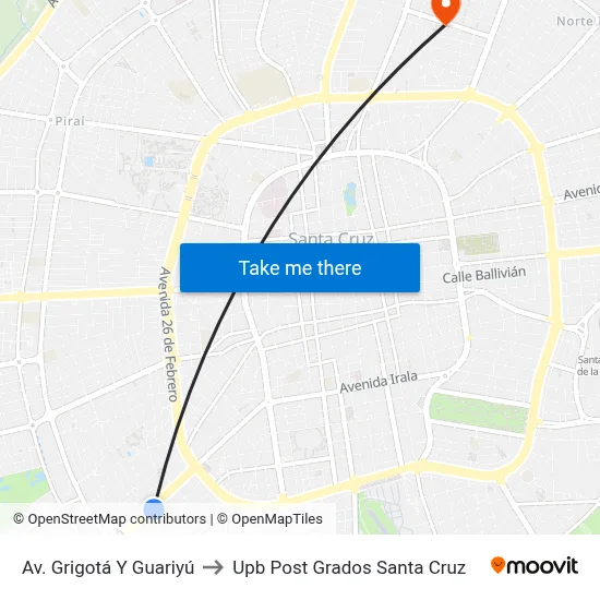 Av. Grigotá Y Guariyú to Upb Post Grados Santa Cruz map
