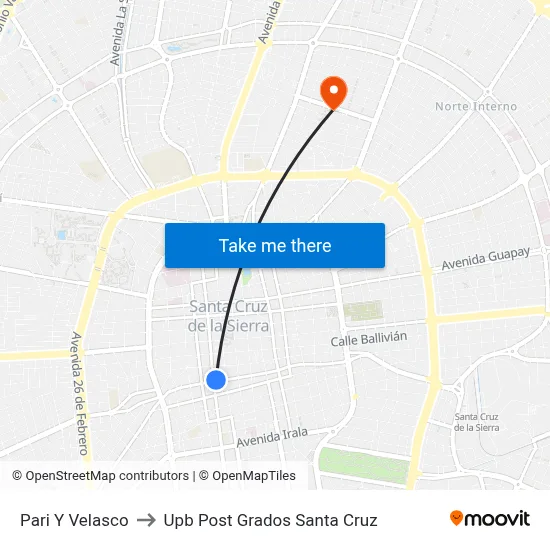 Pari Y Velasco to Upb Post Grados Santa Cruz map