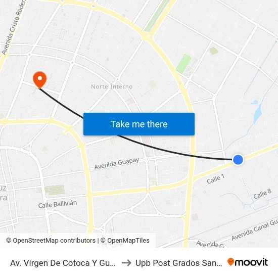 Av. Virgen De Cotoca Y Guaracachi to Upb Post Grados Santa Cruz map