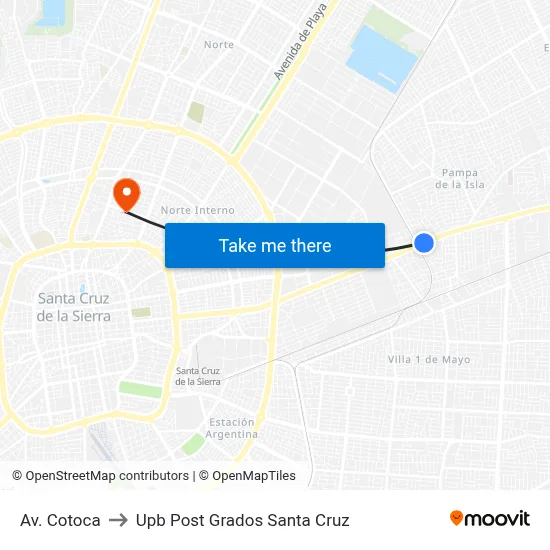 Av. Cotoca to Upb Post Grados Santa Cruz map