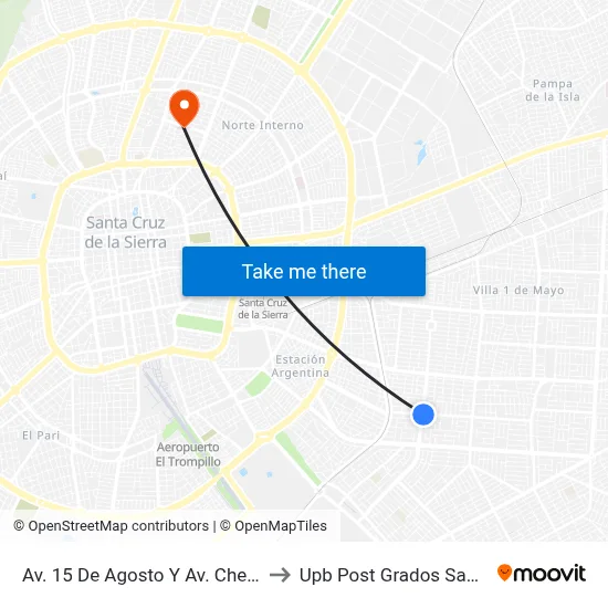Av. 15 De Agosto Y Av. Che Guevara to Upb Post Grados Santa Cruz map
