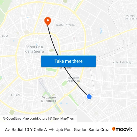 Av. Radial 10 Y Calle A to Upb Post Grados Santa Cruz map