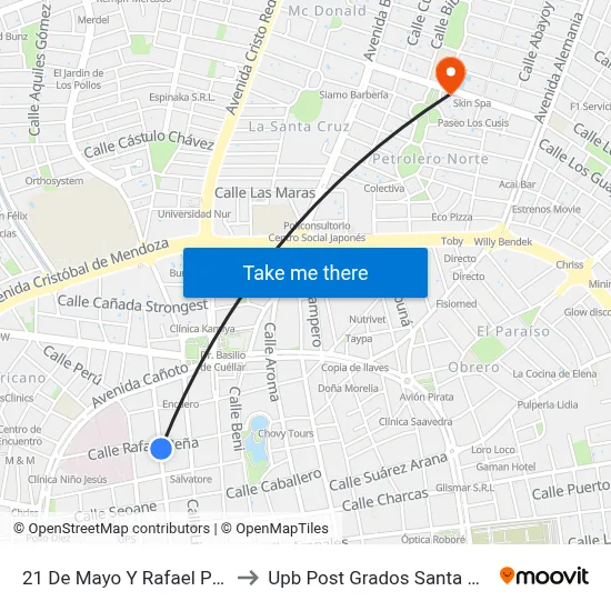 21 De Mayo Y Rafael Peña to Upb Post Grados Santa Cruz map
