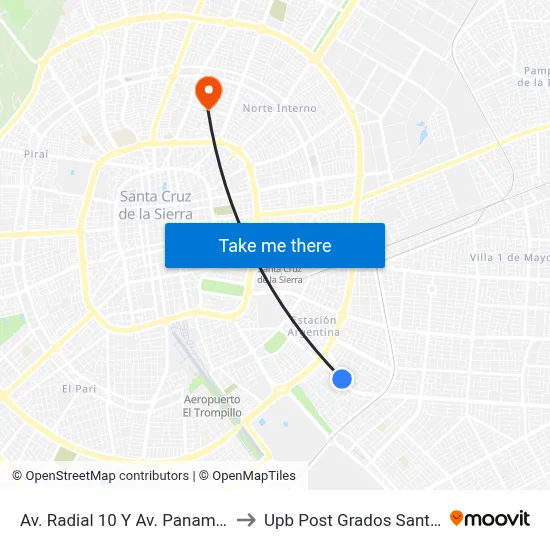 Av. Radial 10 Y Av. Panamericana to Upb Post Grados Santa Cruz map