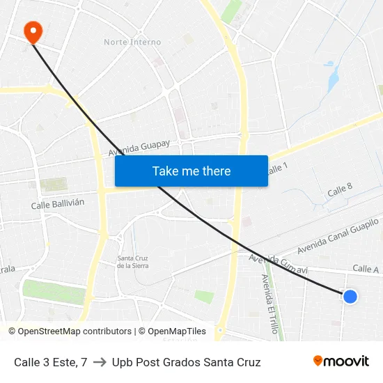 Calle 3 Este, 7 to Upb Post Grados Santa Cruz map