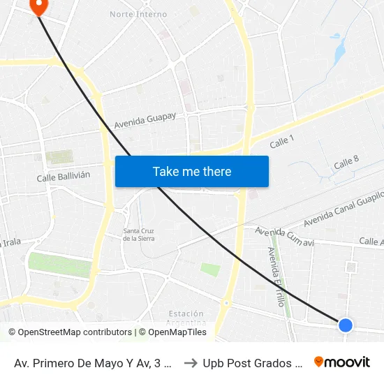 Av. Primero De Mayo Y Av, 3 Pasos Al Frente to Upb Post Grados Santa Cruz map