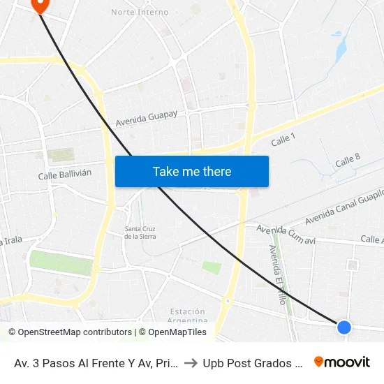 Av. 3 Pasos Al Frente Y Av, Primero De Mayo to Upb Post Grados Santa Cruz map