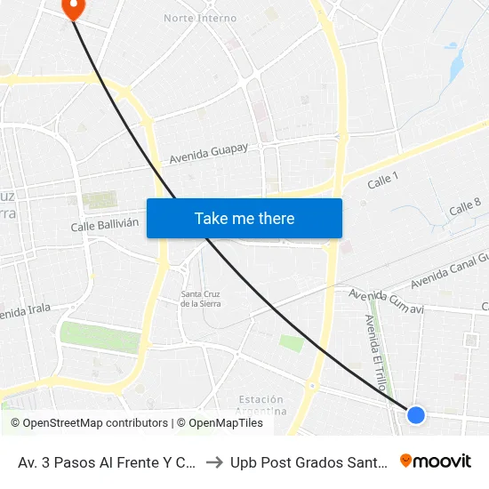 Av. 3 Pasos Al Frente Y Calle 14 to Upb Post Grados Santa Cruz map