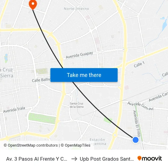 Av. 3 Pasos Al Frente Y Calle 4-B to Upb Post Grados Santa Cruz map