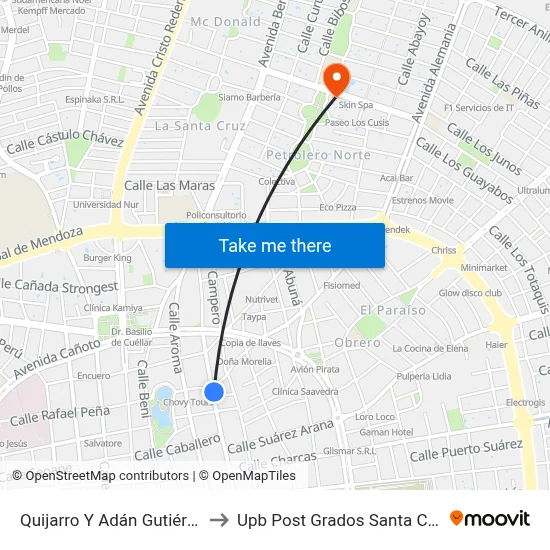 Quijarro Y Adán Gutiérrez to Upb Post Grados Santa Cruz map