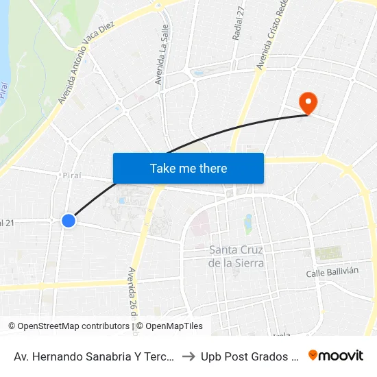 Av. Hernando Sanabria Y Tercer Anillo Interno to Upb Post Grados Santa Cruz map