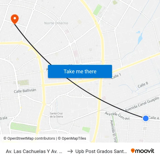 Av. Las Cachuelas Y Av. Cumavi to Upb Post Grados Santa Cruz map