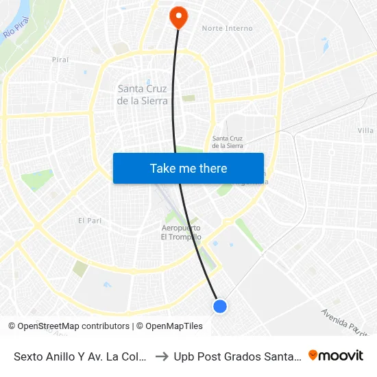 Sexto Anillo Y Av. La Colorada to Upb Post Grados Santa Cruz map