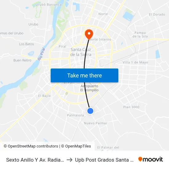 Sexto Anillo Y Av. Radial 13 to Upb Post Grados Santa Cruz map