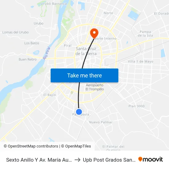 Sexto Anillo Y Av. María Auxiliadora to Upb Post Grados Santa Cruz map