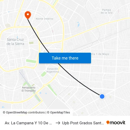 Av. La Campana Y 10 De Octubre to Upb Post Grados Santa Cruz map