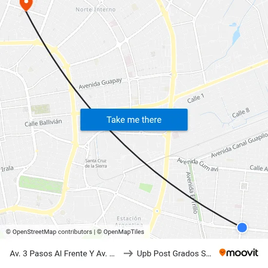 Av. 3 Pasos Al Frente Y Av. Che Guevara to Upb Post Grados Santa Cruz map