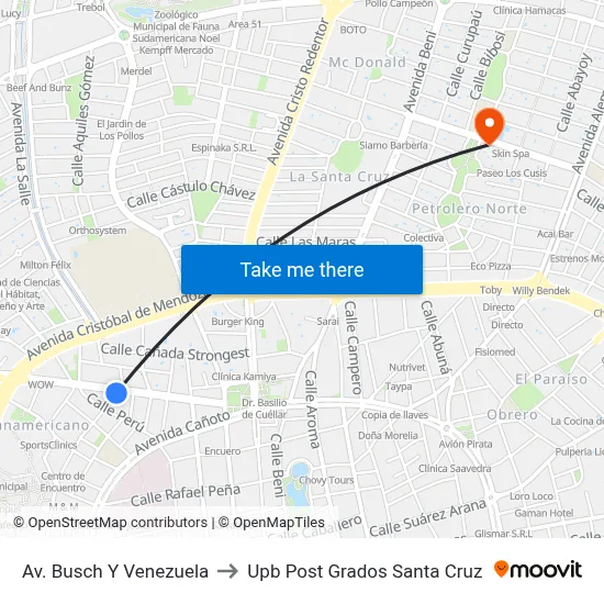Av. Busch Y Venezuela to Upb Post Grados Santa Cruz map