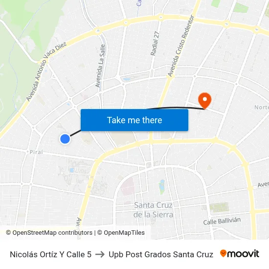 Nicolás Ortíz Y Calle 5 to Upb Post Grados Santa Cruz map