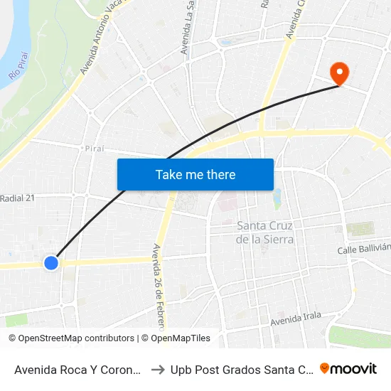 Avenida Roca Y Coronado to Upb Post Grados Santa Cruz map