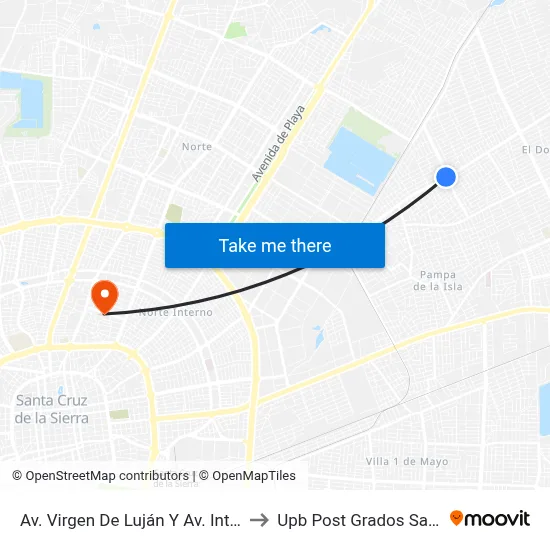 Av. Virgen De Luján Y Av. Internacional to Upb Post Grados Santa Cruz map