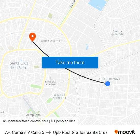 Av. Cumavi Y Calle 5 to Upb Post Grados Santa Cruz map