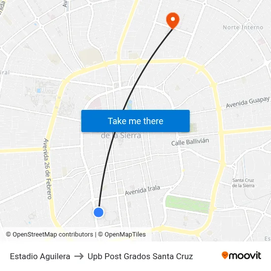 Estadio Aguilera to Upb Post Grados Santa Cruz map